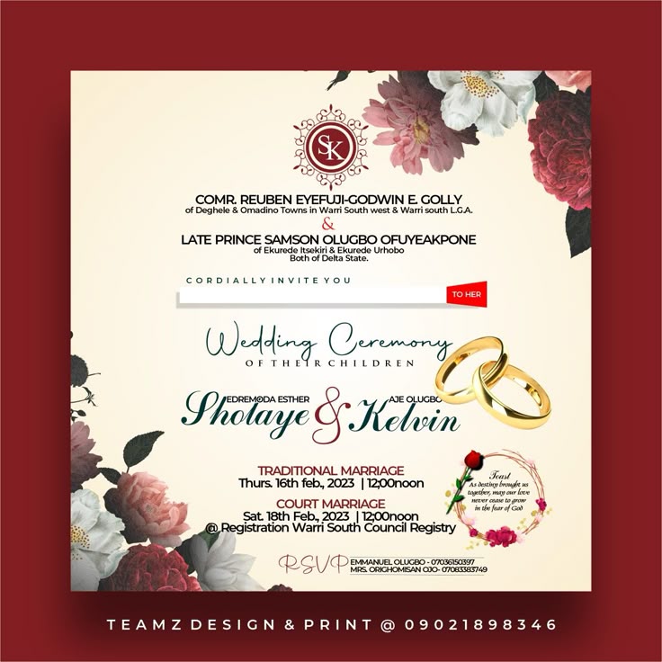 Traditional floral wedding invitation card design for Sholaye and Kelvin