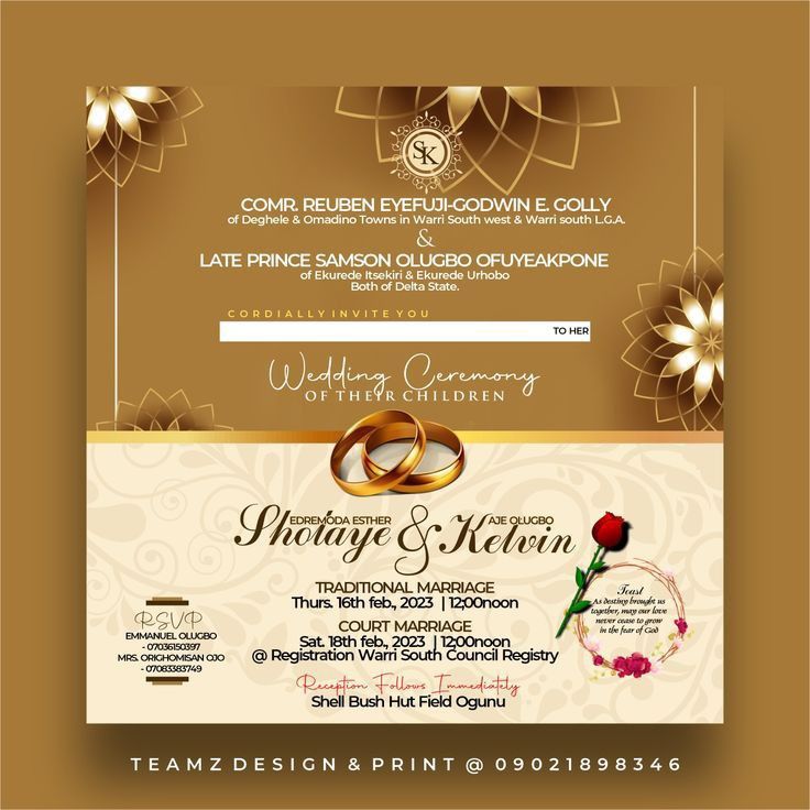 Luxury gold wedding invitation card with ornamental floral design