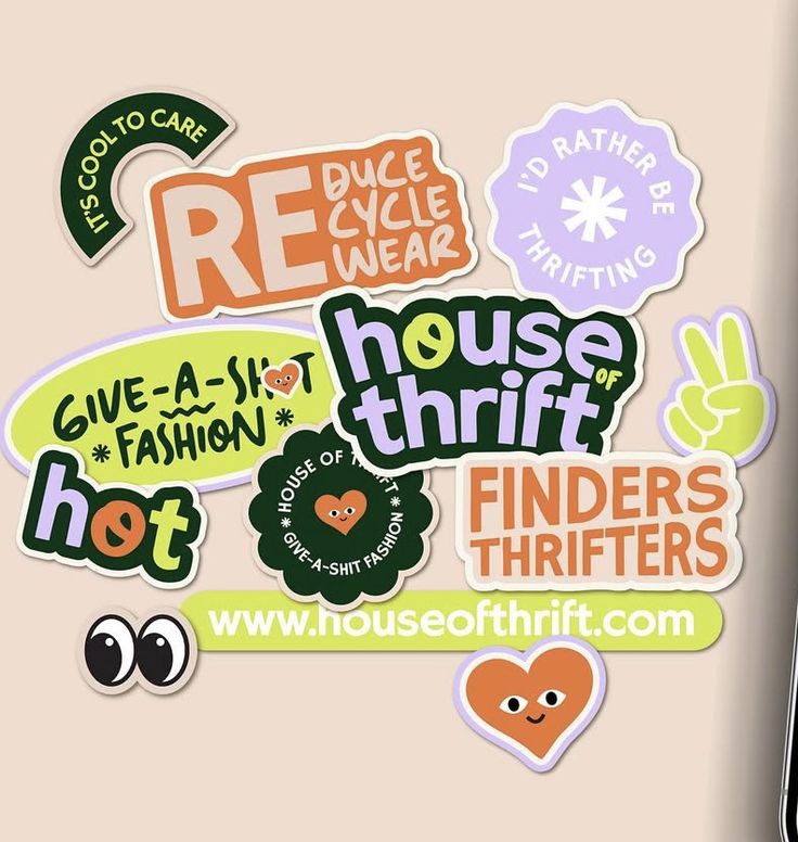 Colorful thrift store branding stickers with playful typography and icons