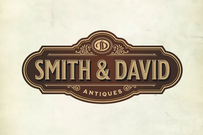 Vintage antique store label design with classic typography and ornamental borders