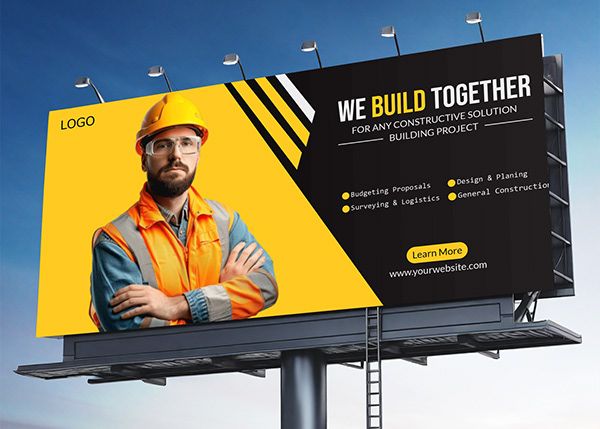 Construction company billboard banner featuring professional worker and services