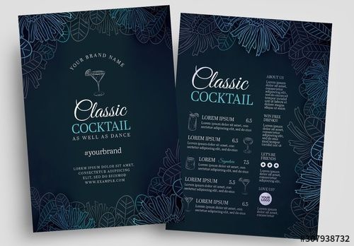 Classic cocktail menu stand design with elegant typography and dark blue botanical background for bars and restaurants