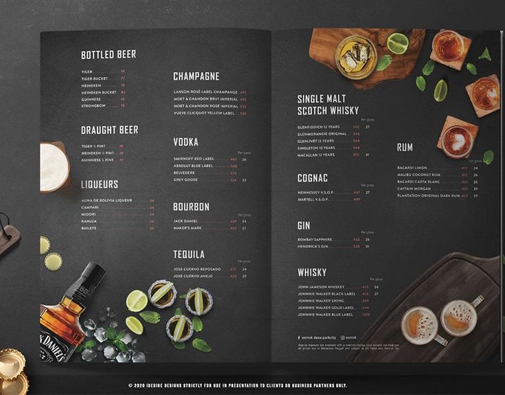 Dark themed bar and beverage menu design for lounges