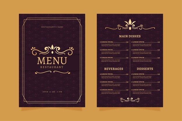 Elegant restaurant menu design with gold accents and premium layout