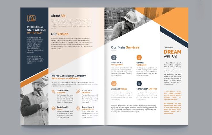 Construction company brochure design with industrial theme