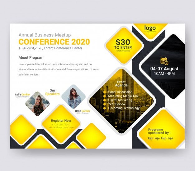 Business conference poster design featuring speaker details and event agenda layout