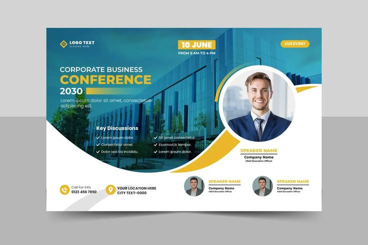 Corporate business conference poster design with speaker details and event information
