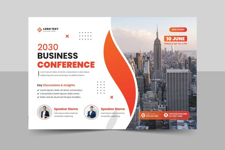 Modern business conference poster design with city background and event details