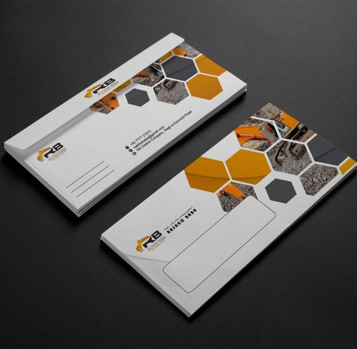 Modern corporate envelope design for RB Infrastructure Group with geometric construction elements
