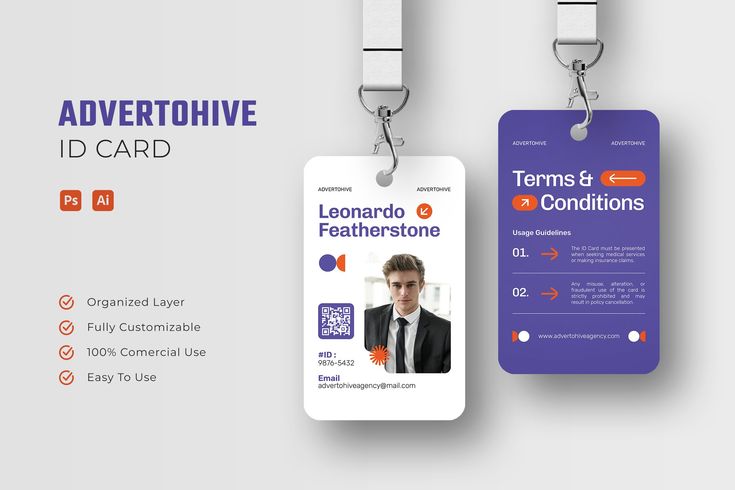 Minimal corporate ID card design with employee details and terms