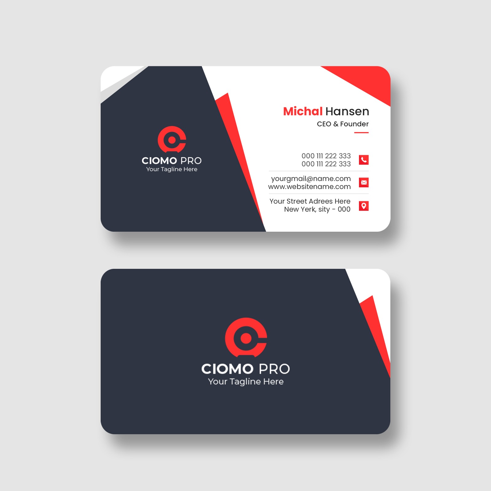 Front and back view of a red and charcoal business card for a creative agency