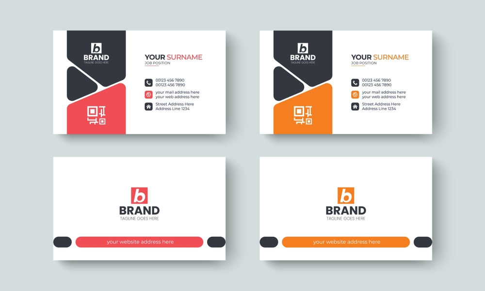 Professional business card mockups in red and orange featuring a square B-logo and geometric shapes