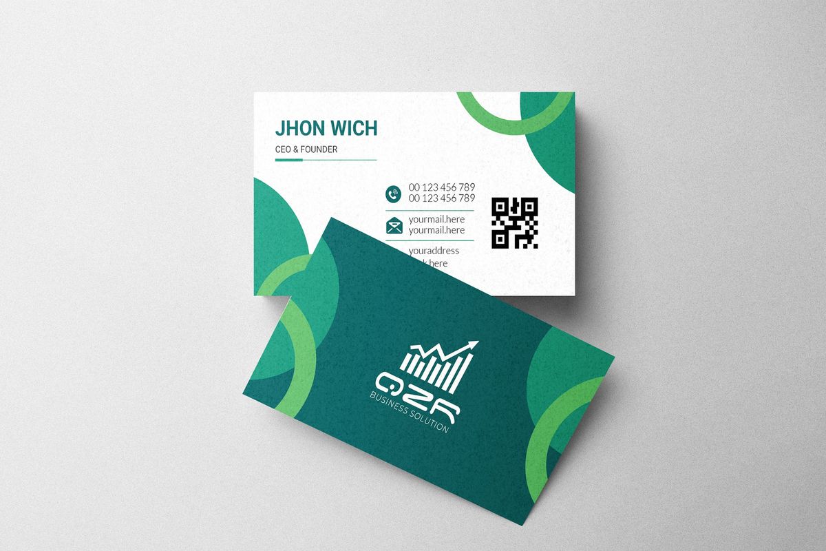 Teal and white abstract geometric business card for a financial solutions firm with a growth chart logo