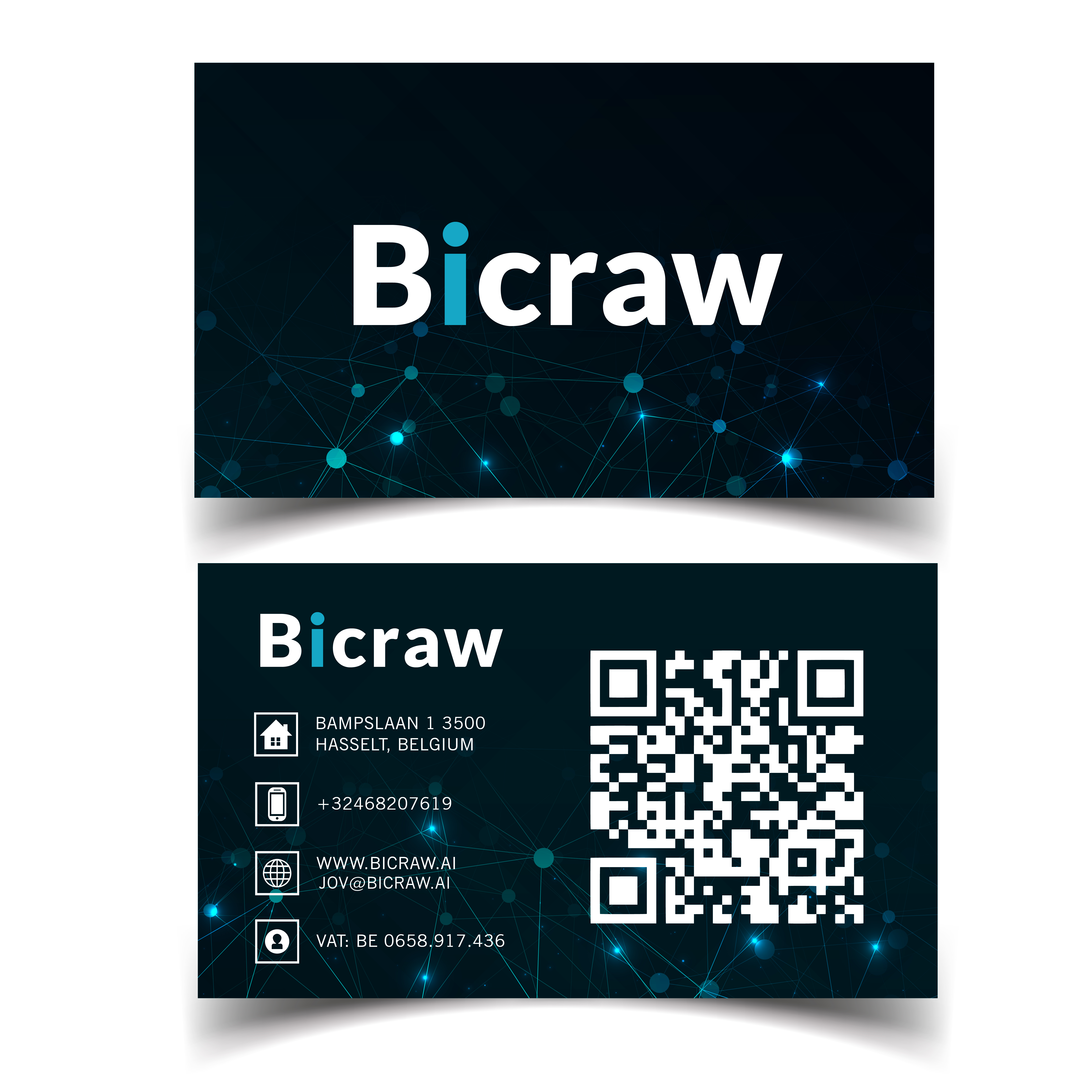 Futurist tech business card for Bicraw.ai with a neural network background and neon blue accents