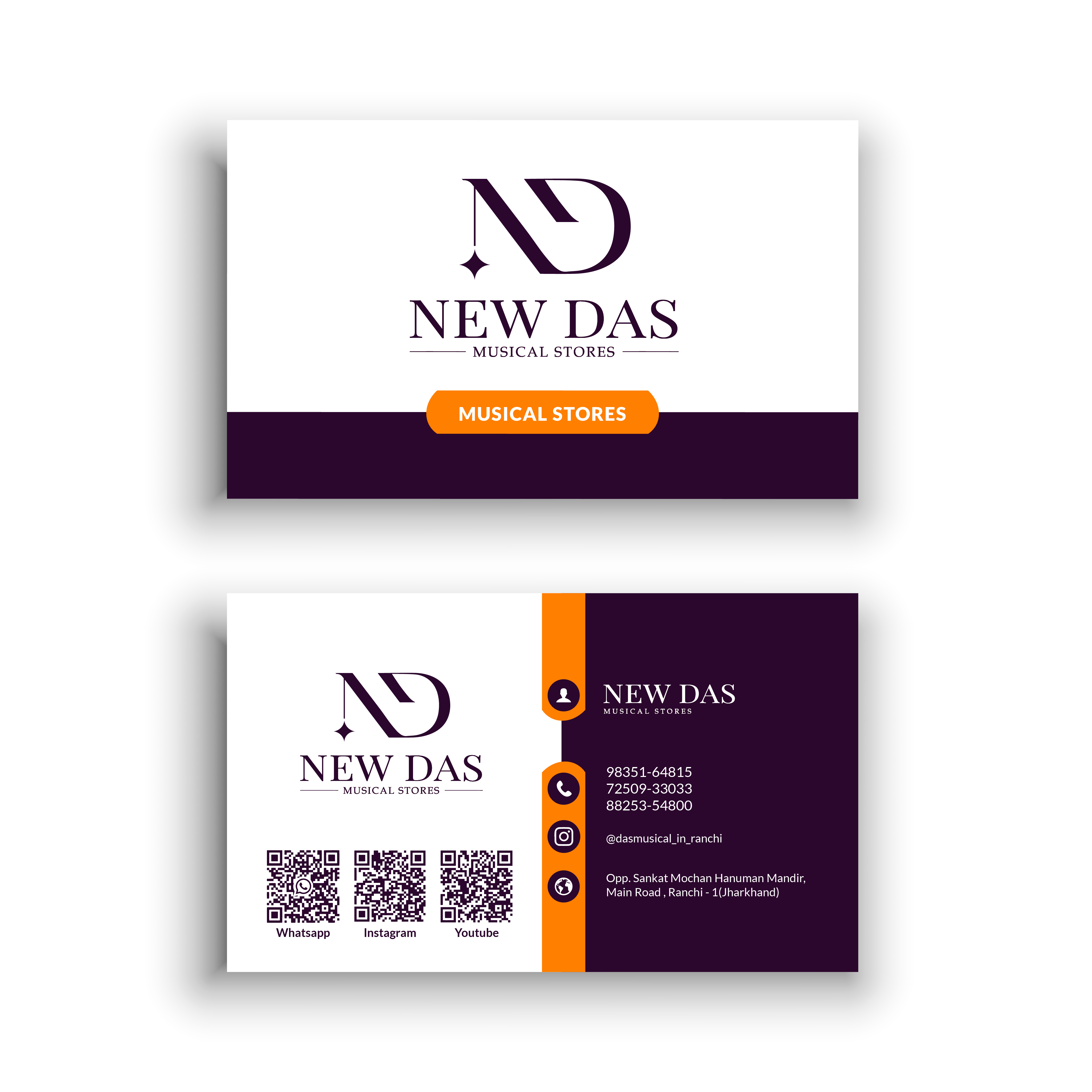 Elegant purple and orange business card for a music store featuring three social media QR codes