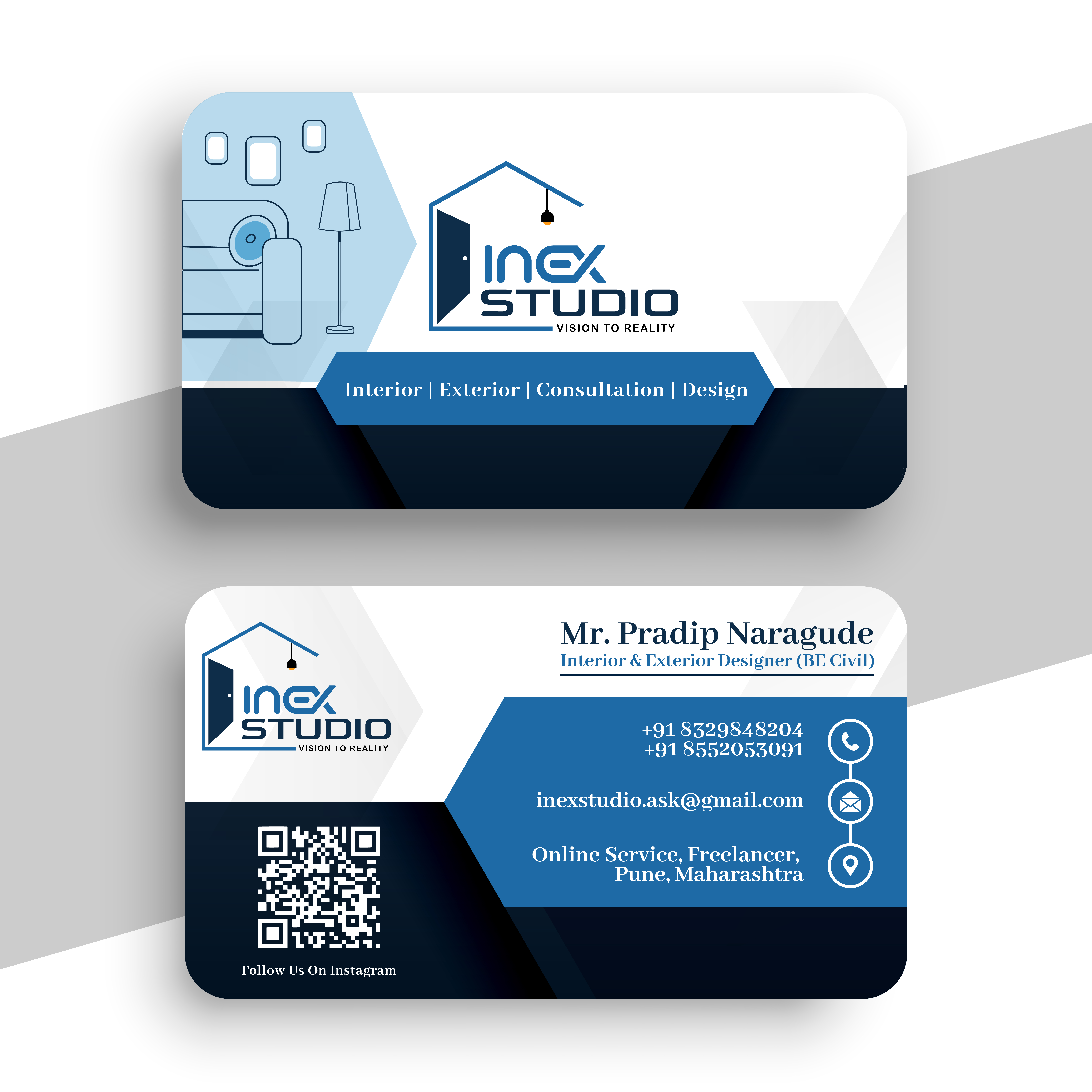 Modern blue and white architectural business card for Inex Studio with blueprint icons and QR code