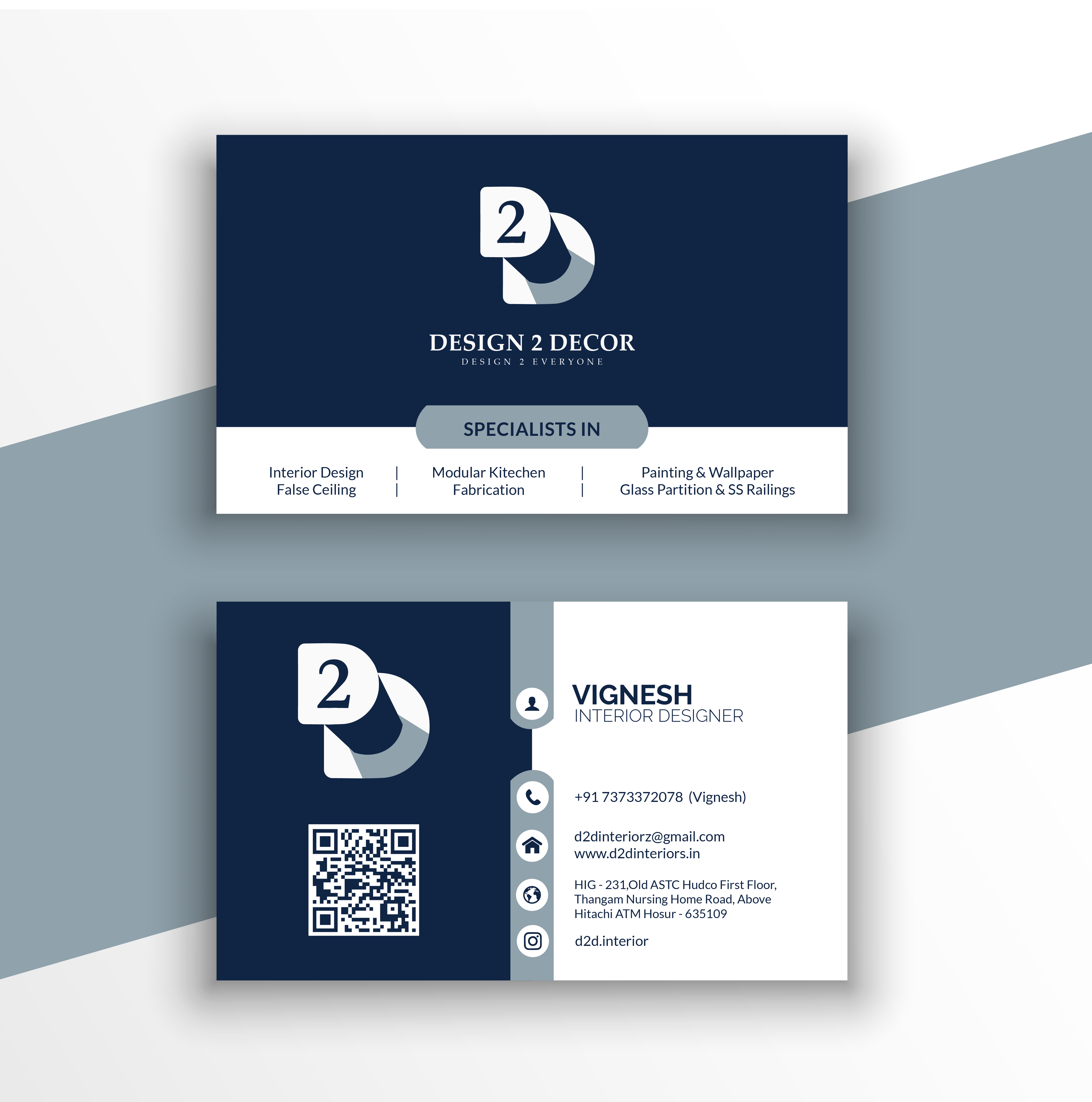 Professional navy blue and white business card for Design 2 Decor featuring interior design services and a QR code