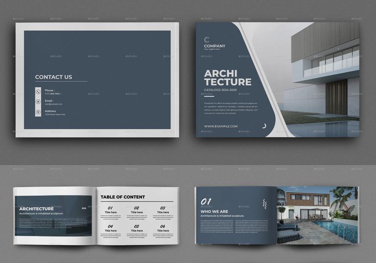Multi-page modern architecture catalog design with navy blue covers and residential pool photography