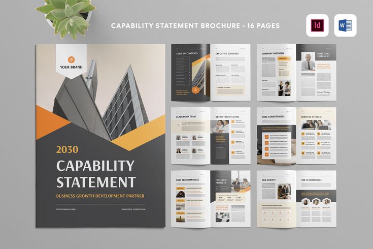 16-page industrial capability statement design with orange and charcoal geometric patterns