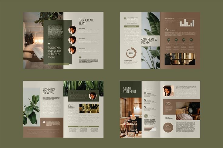 Earth olive and brown wellness brochure design with organic plant photography and minimalist text