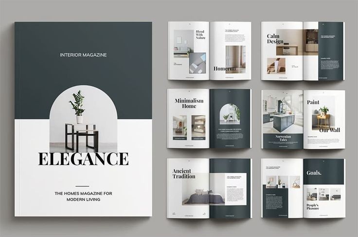 Minimalist slate green and white home catalog featuring a modern living room on the cover