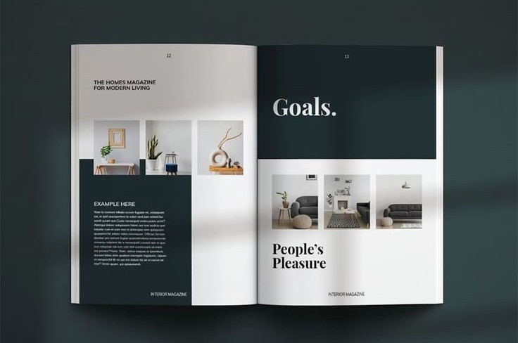 Minimalist slate green and white home catalog featuring a modern living room on the cover
