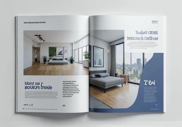 Modern brown and tan bifold brochure for an interior design brand sale