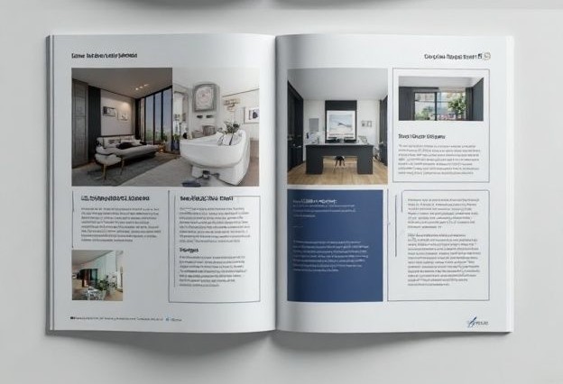 Modern brown and tan bifold brochure for an interior design brand sale