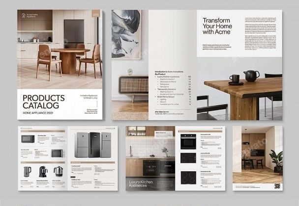 Two-page open catalog spread featuring modern bedroom interior design and blue graphic accents