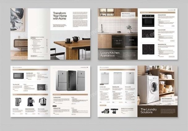 Two-page open catalog spread featuring modern bedroom interior design and blue graphic accents