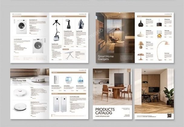 Two-page open catalog spread featuring modern bedroom interior design and blue graphic accents