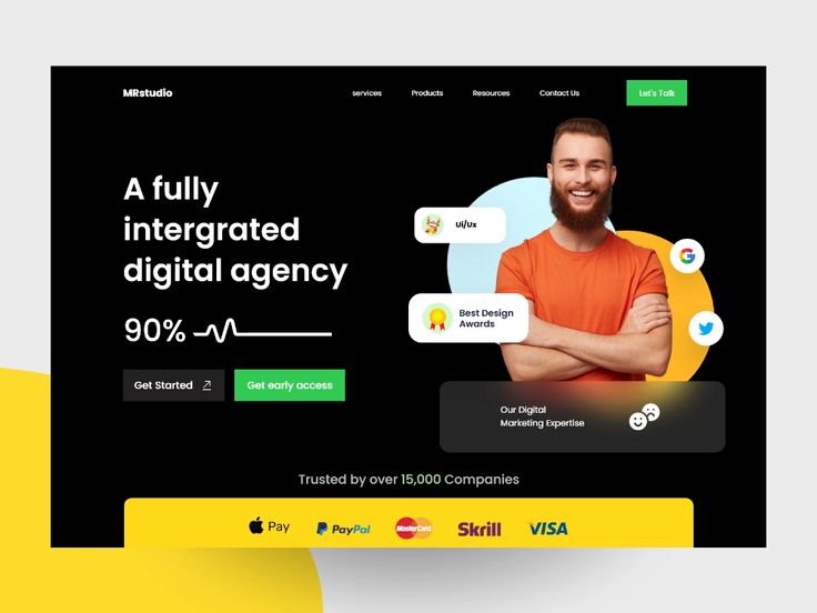 Bold black and green digital agency landing page titled MRstudio with a man crossing his arms and growth statistics