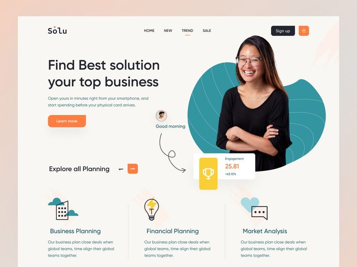 Modern fintech landing page mockup for Solu featuring business and financial planning service categories
