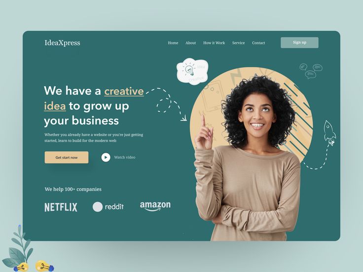 Creative agency website header design featuring a woman pointing to "Creative Idea" text with brand logos for Netflix and Amazon