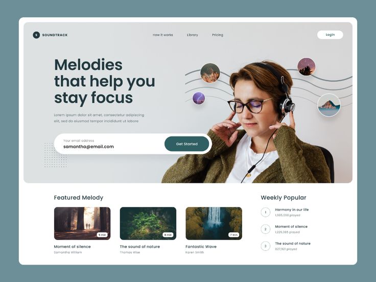 Professional UI/UX design for a music and focus SaaS platform featuring a woman wearing headphones and clean call-to-action buttons