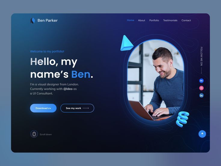 Dark mode portfolio hero section for Ben Parker, a visual designer, featuring blue accents and 3D shapes