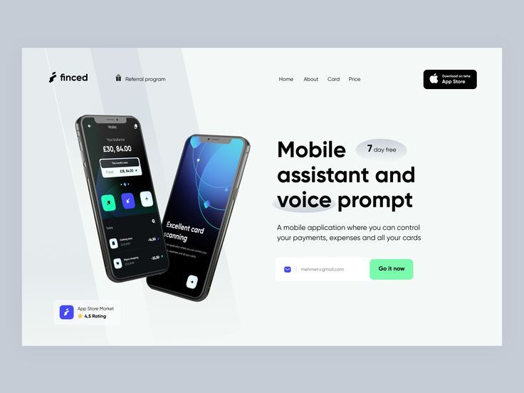 Fintech website design for Finced featuring high-quality mobile phone renders showing a digital wallet app