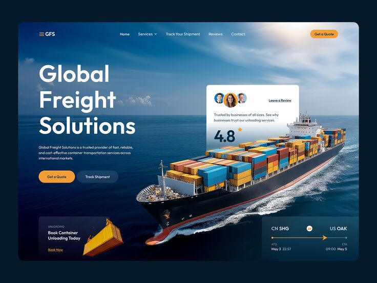 Hero section of a logistics website featuring a cargo ship at sea with a "Global Freight Solutions" headline
