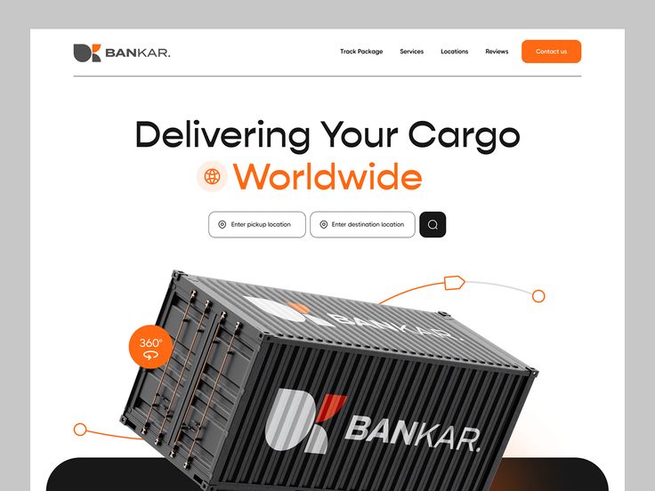 Minimalist logistics website design for BANKAR featuring a 3D cargo container and search bar