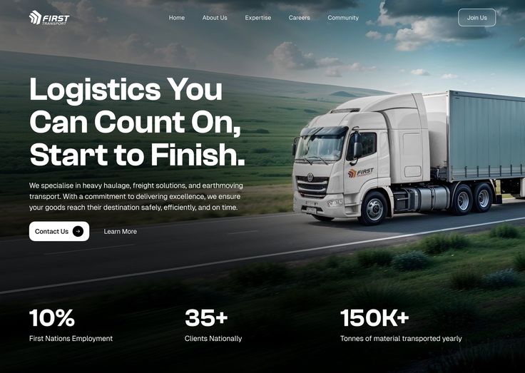Industrial logistics website header featuring a large white semi-truck and haulier company statistics