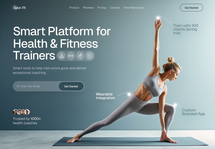 Health and fitness website design featuring a woman in a yoga pose with interactive feature callouts