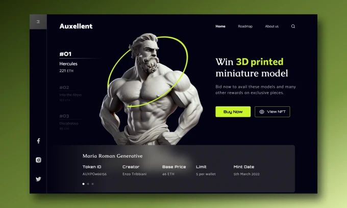 Dark-themed NFT landing page for Auxellent featuring a 3D statue model and cryptocurrency pricing