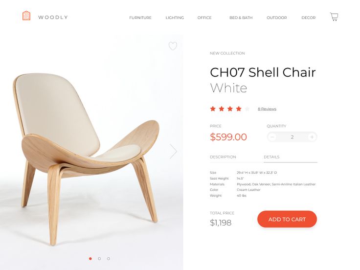Minimalist eCommerce page for a white oak shell chair with detailed pricing and material specifications