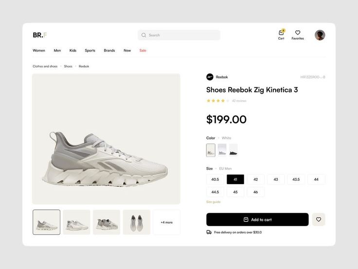 Detailed footwear product page for white Reebok running shoes with size selectors and "Add to Cart" button
