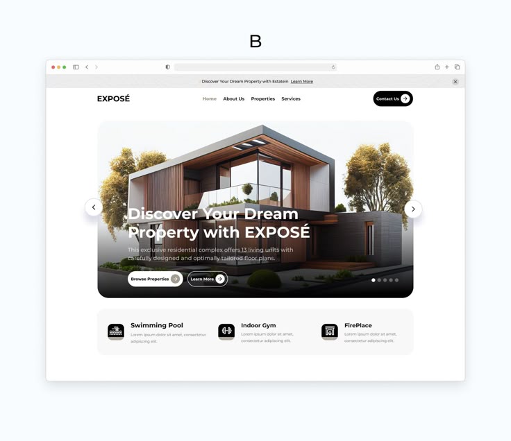 Luxury real estate website redesign for Exposé featuring a modern mansion render and amenity icons
