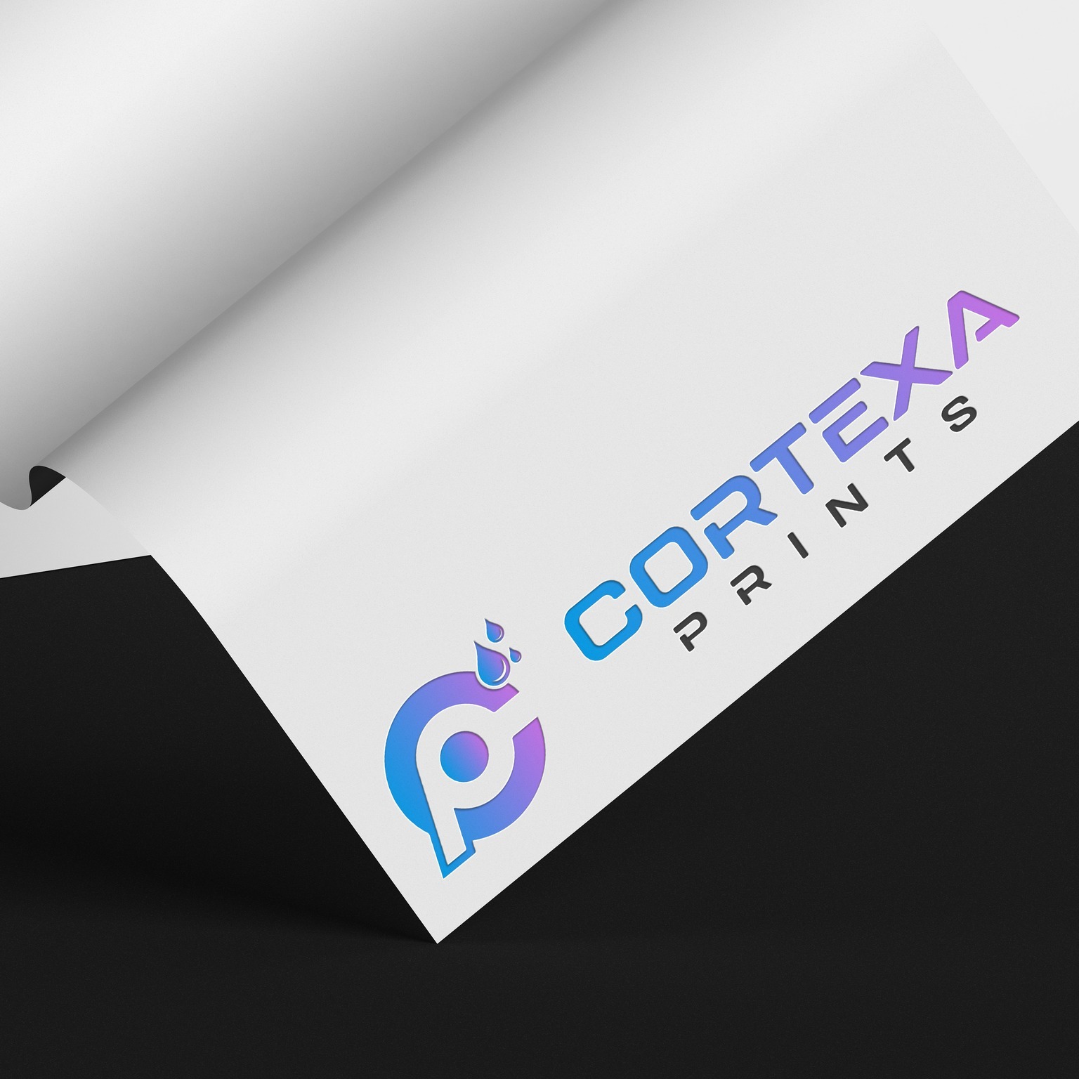 Cortexa Prints logo with modern typography and gradient icon