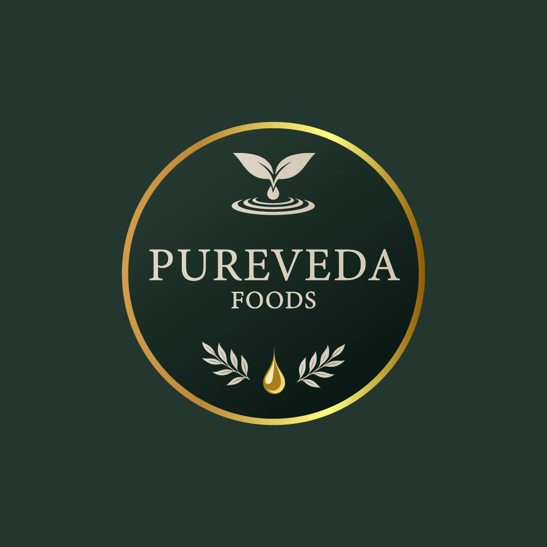 Pureveda Foods logo with natural elements and premium green-gold palette