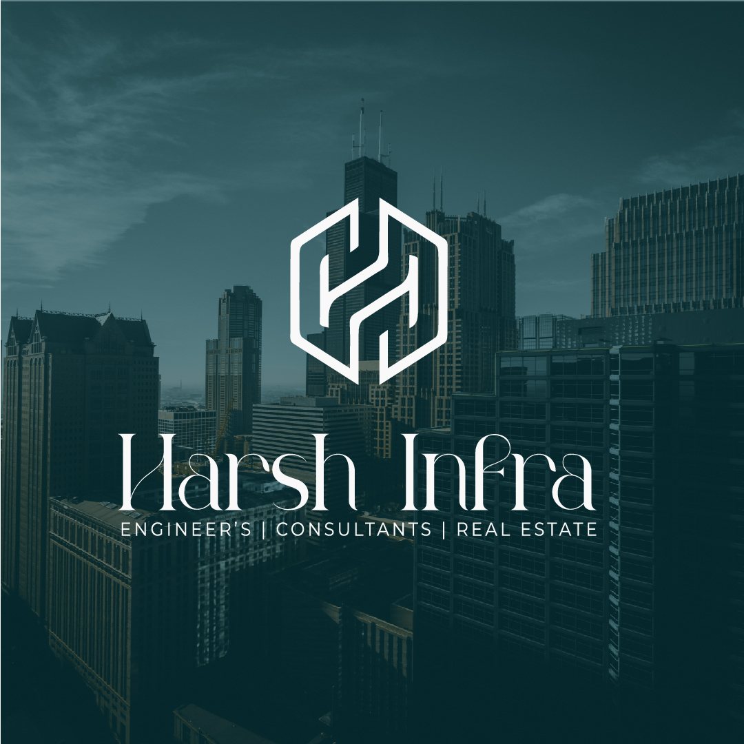 Harsh Infra logo with modern cityscape background