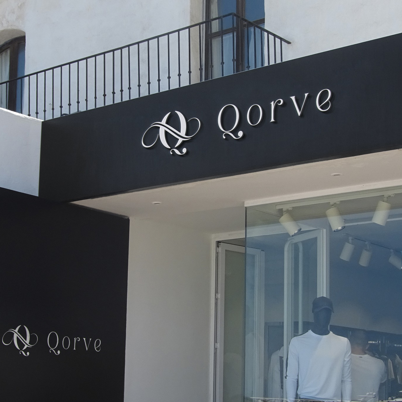Qoorve premium fashion brand logo displayed on retail storefront