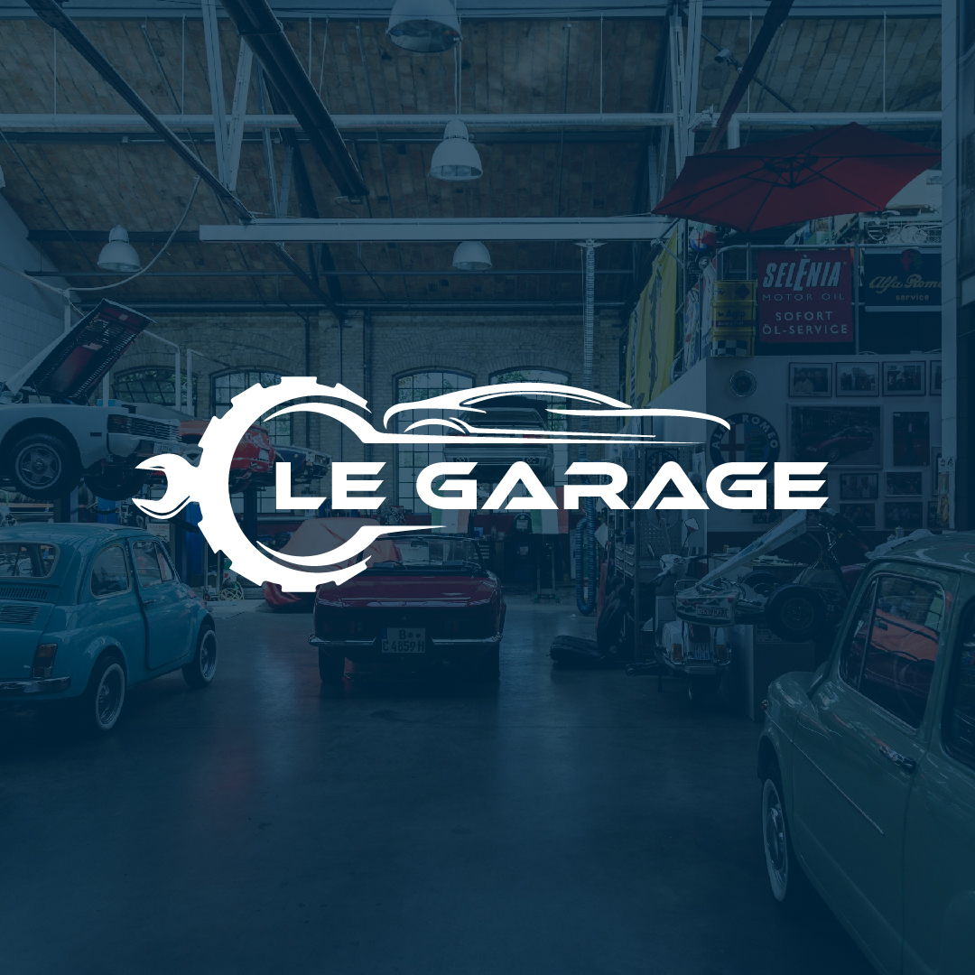 Automotive garage logo with gear and car silhouette design
